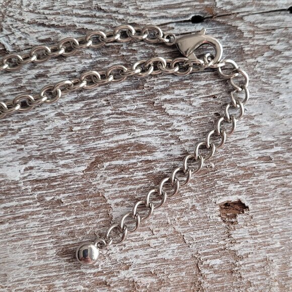 Long Silver Metal Necklace with Unique Links and Crystal Beads - Picture 3 of 5